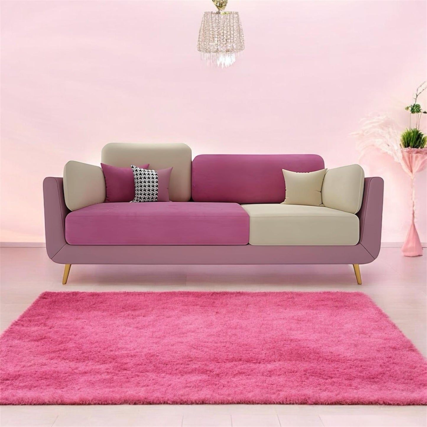 APRODZ Modern Luxelle Dual-Tone 3-Seater Fabric Sofa โ Pink & Cream, Stylish Wooden Legs, for Living Room