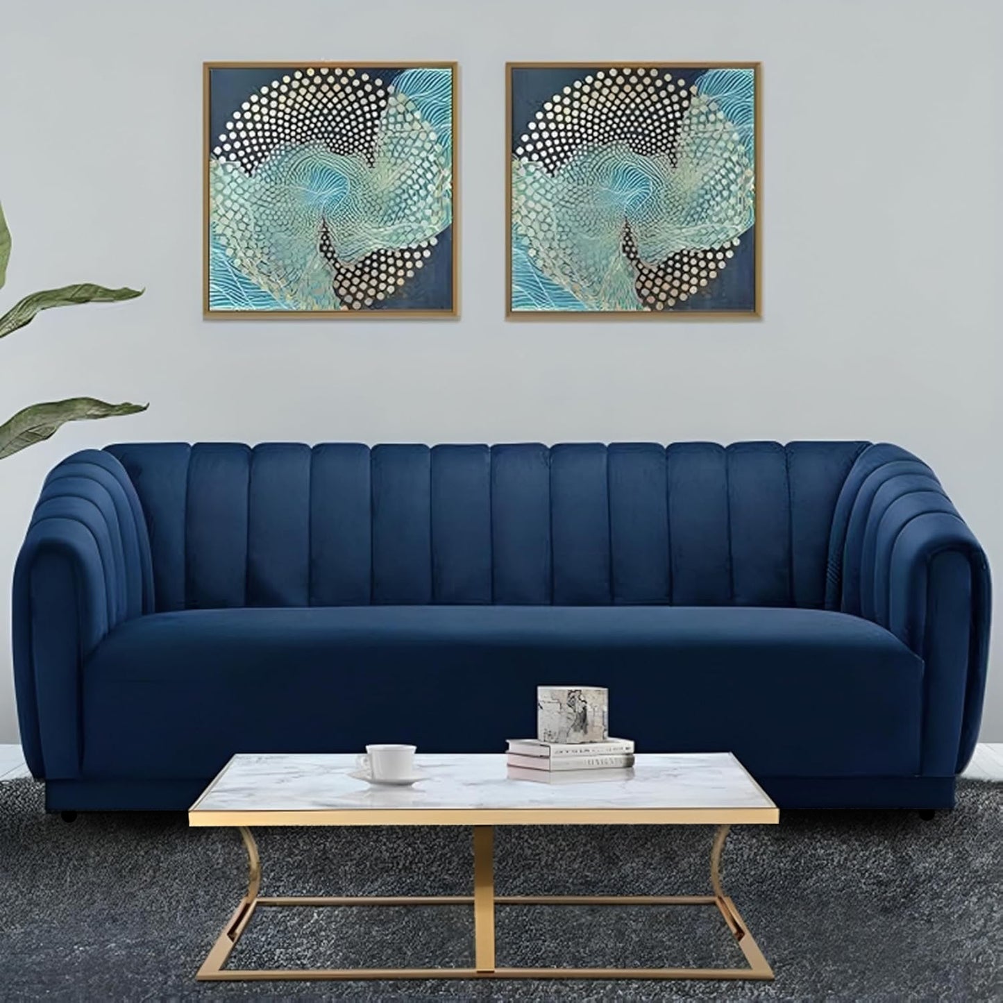 APRODZ Serene Velvet 3-Seater Sofa in Navy Blue – Channel Tufted Modern Couch with Plush Upholstery & Sturdy Frame – Elegant Living Room Furniture for Home, Office, or Lounge