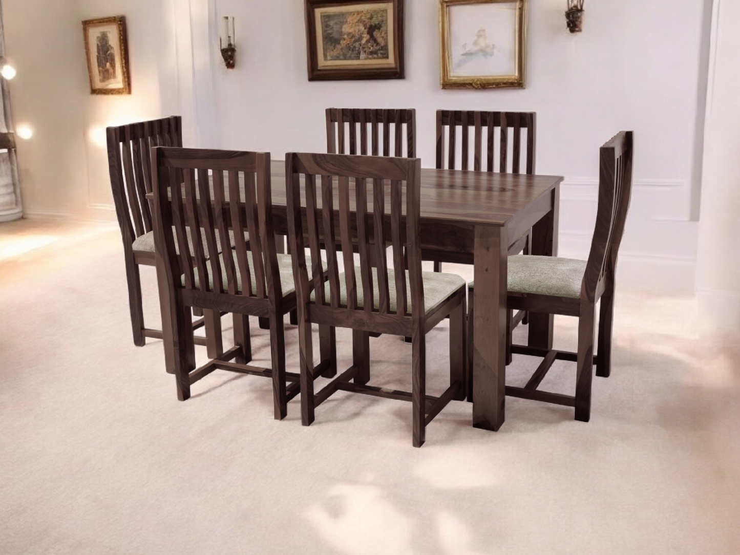 Sheesham Wood and Upholstered Epso 6 Seater Dining Table Set for Home and Living Rooms| Dining Furniture