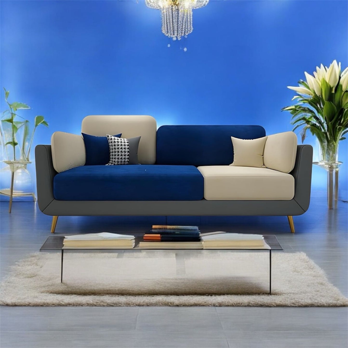 APRODZ Luxelle Modern Tri-Tone 3-Seater Sofa โ Navy Blue, Cream & Grey Fabric Couch with Cushioned Seating, Wooden Legs & Removable Covers โ Contemporary Living Room Furniture