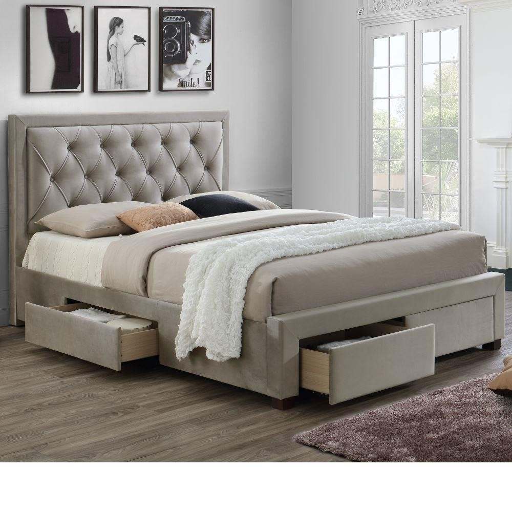 Jere Upholstered Bed with 4 Drawers for Bedroom (Suede Fabric Upholstery - Grey)