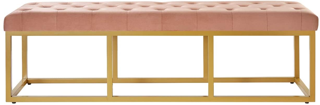 Tufted Long Upholstered Velvet and Metal Bench