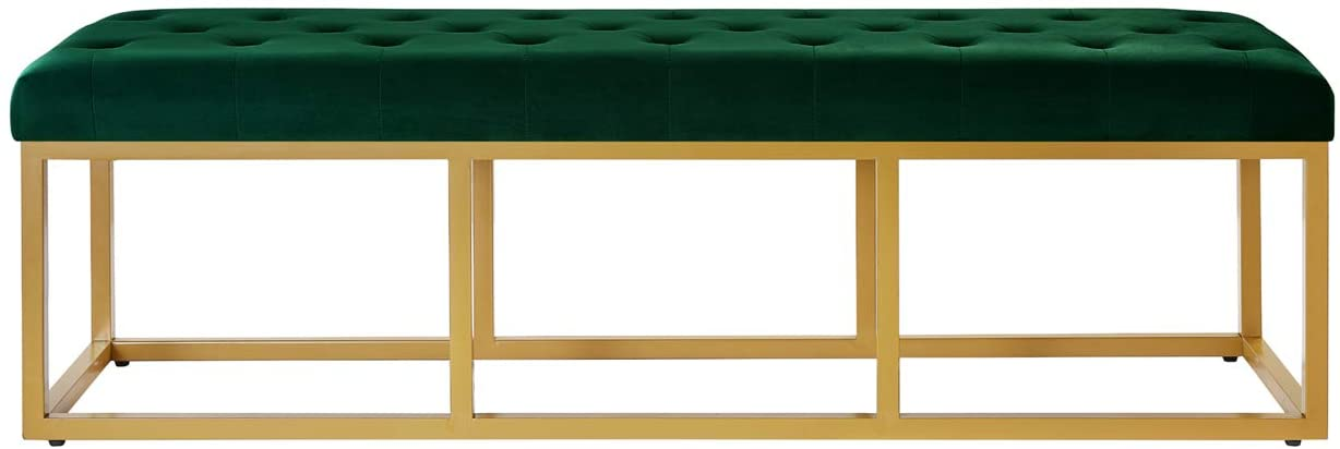 Tufted Long Upholstered Velvet and Metal Bench