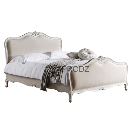 Hand Carved French Mango Wood Upholstered Bed (Solid Wood - Linen Beige Fabric + White Finish)