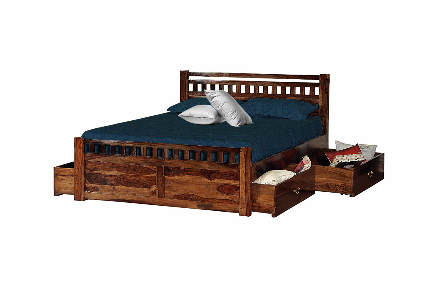 Sheesham Wood Darryl Bed with 4 Drawers for Bedroom | Brown Finish