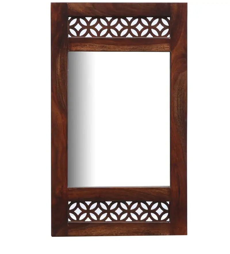 Durque Rectangular Wall Mirror with Carved Sheesham Wood Frame - Provincial Teak Finish