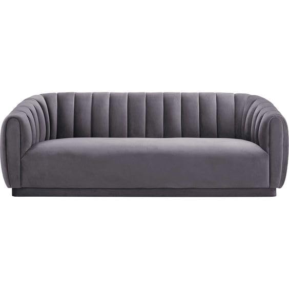 APRODZ Serene Channel-Tufted 3-Seater Sofa in Grey Velvet – Elegant Curved Back Couch for Living Room, Office or Lounge