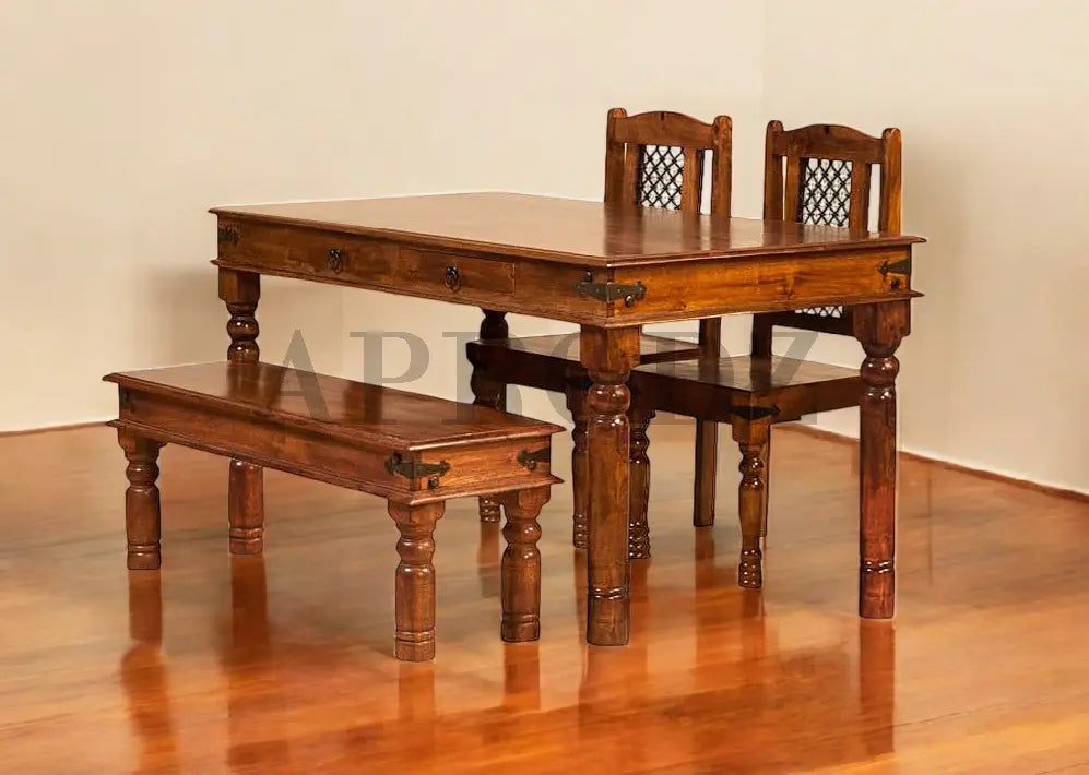 Sheesham Wood Reyk 4 Seater Dining Table Set with 1 Bench and 2 Chair for Home Dining Room Furniture