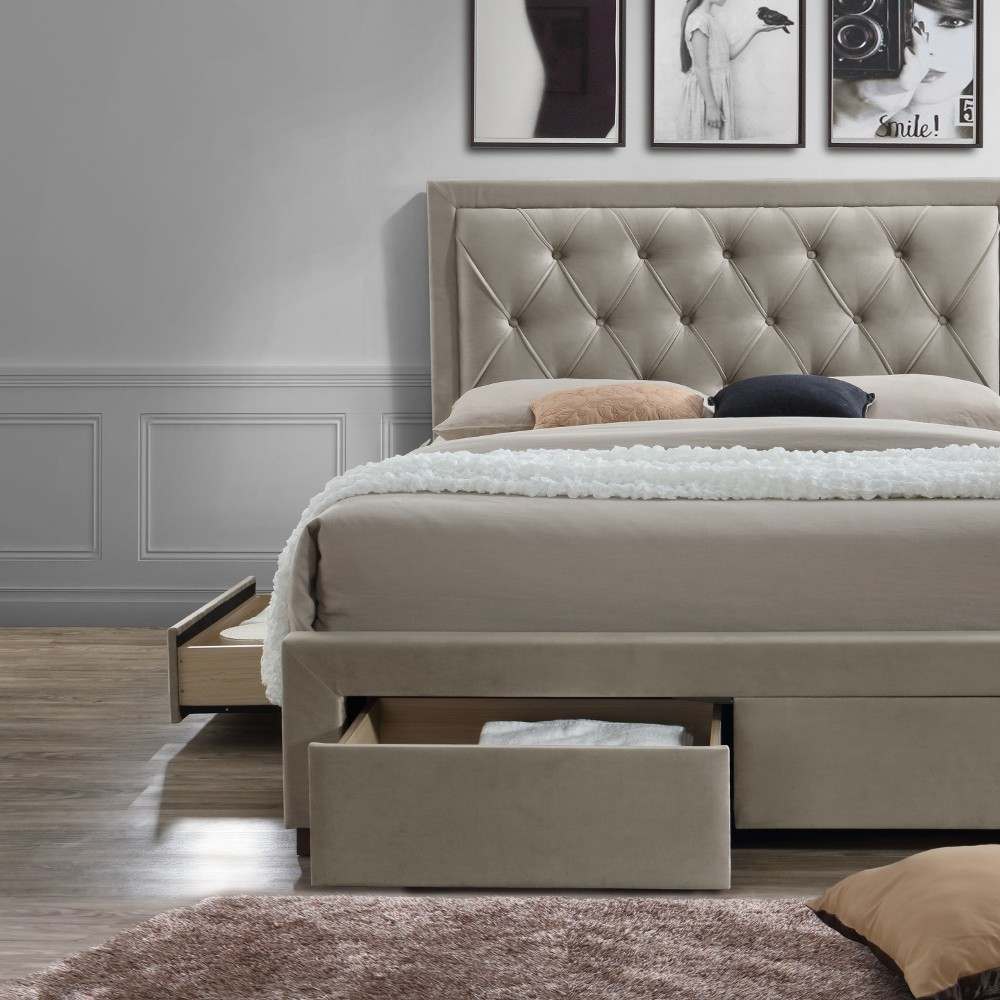 Jere Upholstered Bed with 4 Drawers for Bedroom (Suede Fabric Upholstery - Grey)