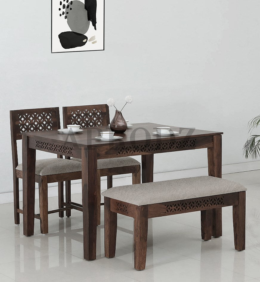 Sheesham Wood Durque 4 Seater Dining Table Set with 1 Bench and 2 Chair for Home | Dining Furniture