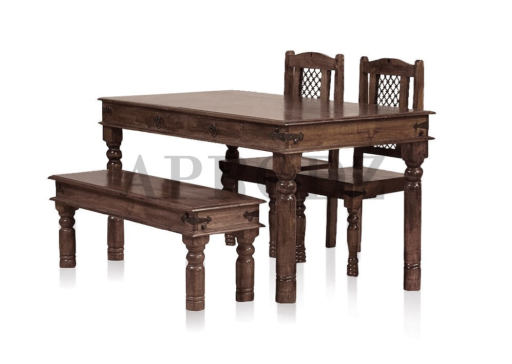 Sheesham Wood Reyk 4 Seater Dining Table Set with 1 Bench and 2 Chair for Home Dining Room Furniture
