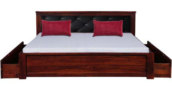 Sheesham Wood Ross Bed with 2 Drawers for Bedroom | Brown Finish