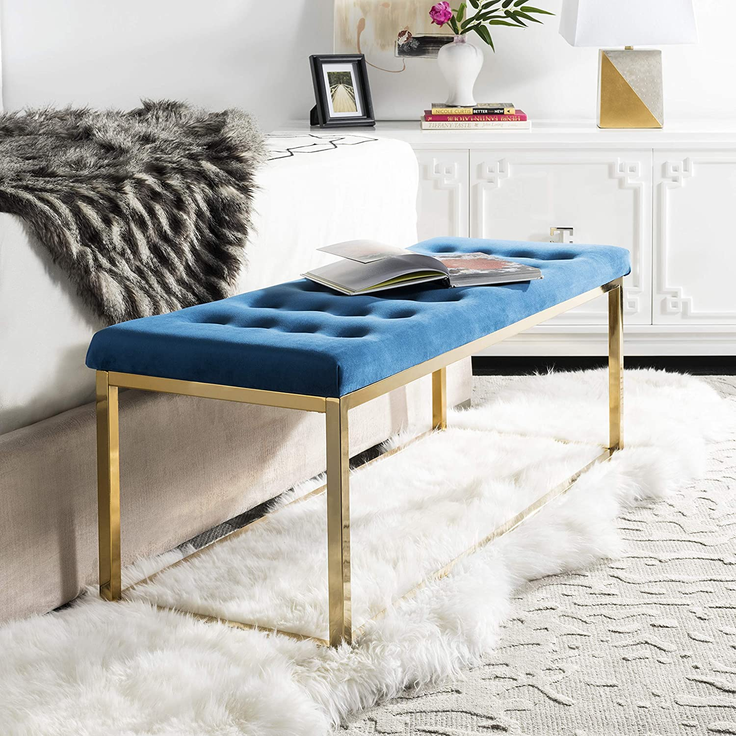 Modern Tufted Upholstered Velvet and Metal Bench Ottoman