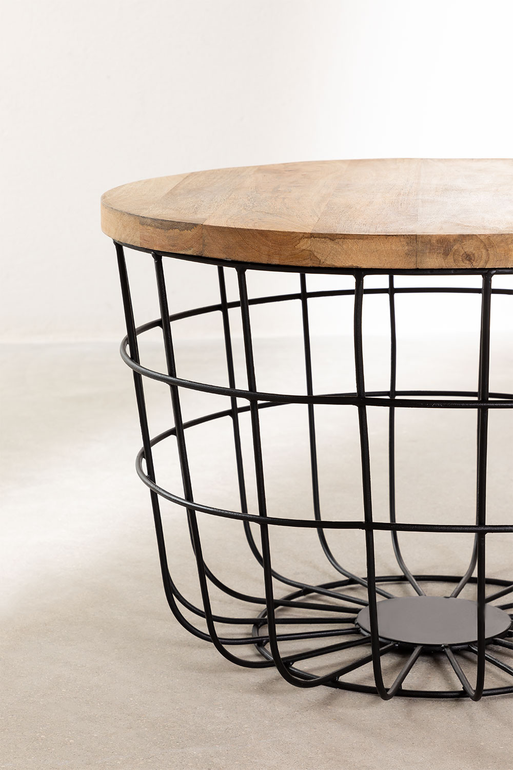 Round Solid Wood Top with Metal Base Coffee Table (Mango Wood - Natural + Black Powder Coated)
