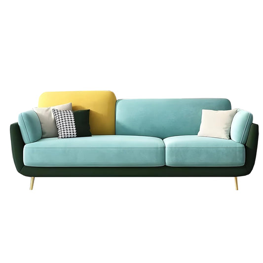 Aprodz Luxelle Modern Colourblock 3-Seater Sofa – Aqua Blue, Yellow & Green Fabric Couch | Contemporary Design | Gold Legs | Removable Cushions | Stylish Living Room Seating