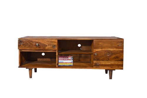 Sheesham Wood Tv Unit Cabinet with Shelves and one Drawer (Sheesham - Mahogany)