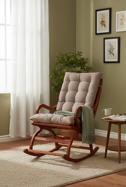 Narkali Sheesham Wood Ergonomic Rocking Chair with Cushion (Wood Finish)