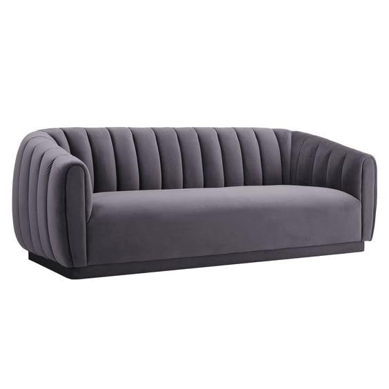 APRODZ Serene Channel-Tufted 3-Seater Sofa in Grey Velvet – Elegant Curved Back Couch for Living Room, Office or Lounge