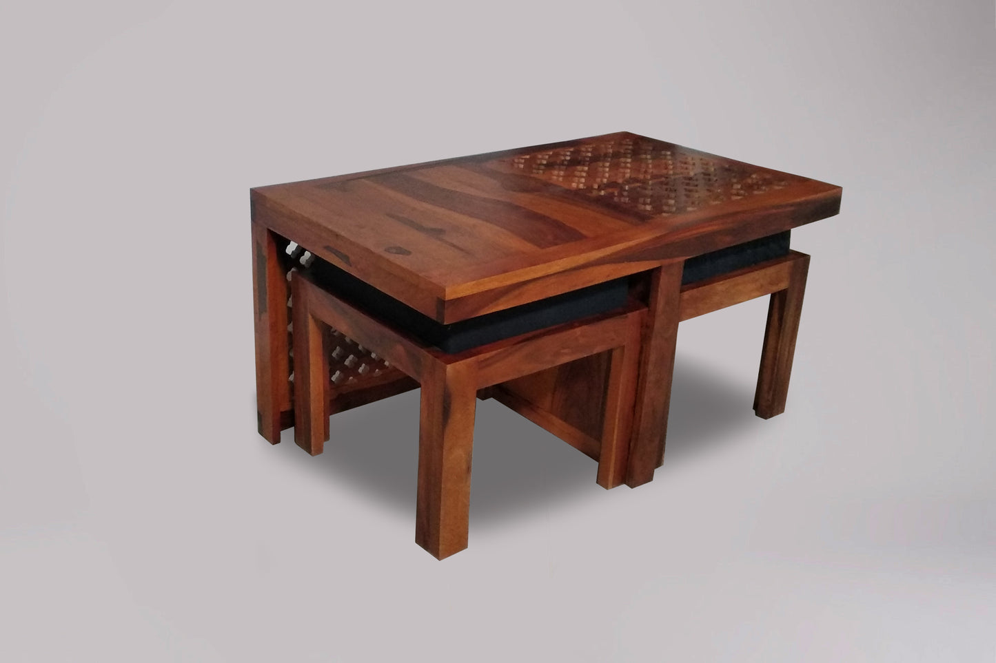 eesham Wood Pedro Stylish Coffee Table with 2 Stools for Living Room | Center Table for Home | Brown Finish