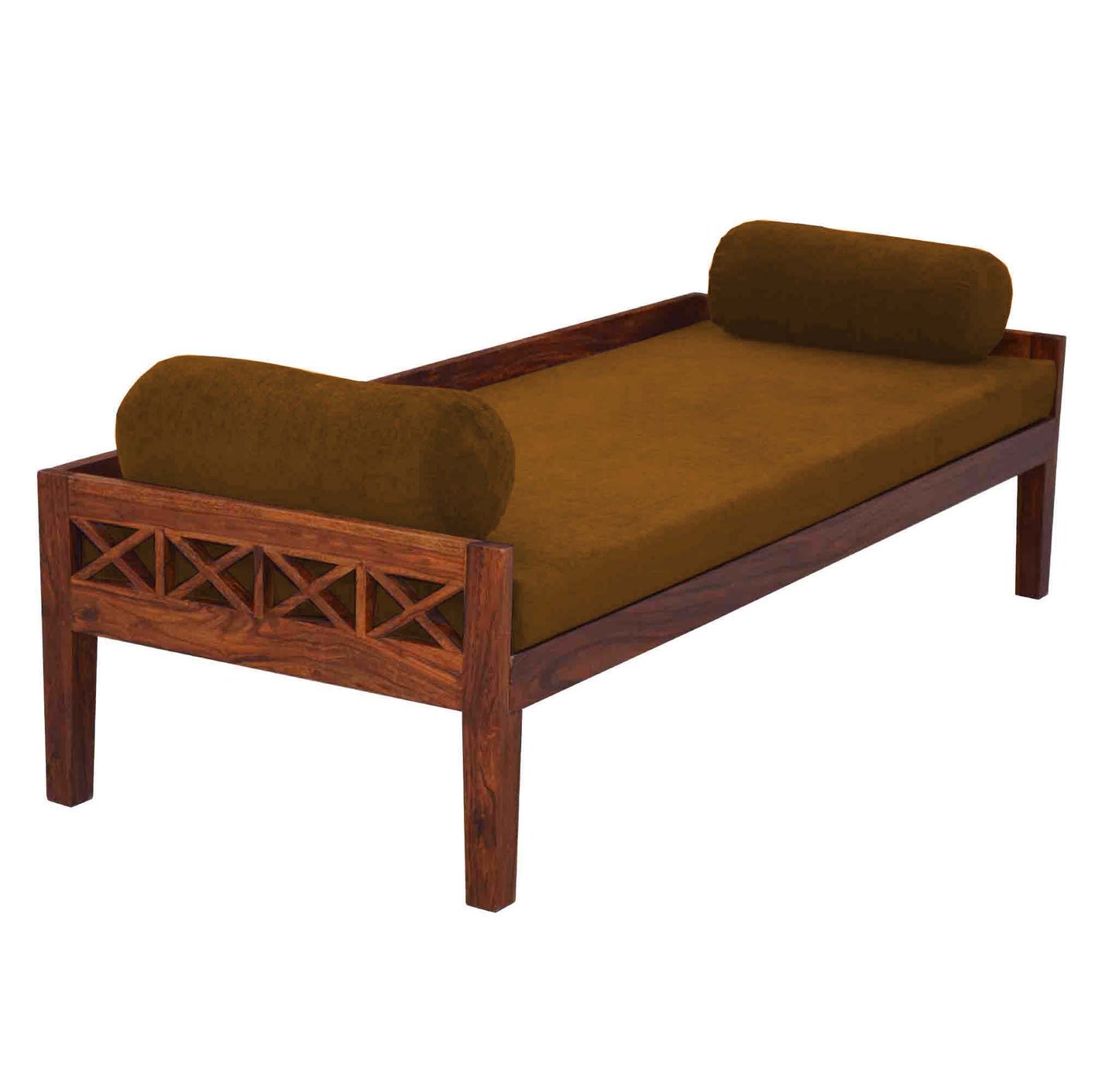 Solid Mango Wood Dewan Sofa Bed with Cushion for Living Room Hall (Solid Wood - Ochre Yellow Fabric + Teak)