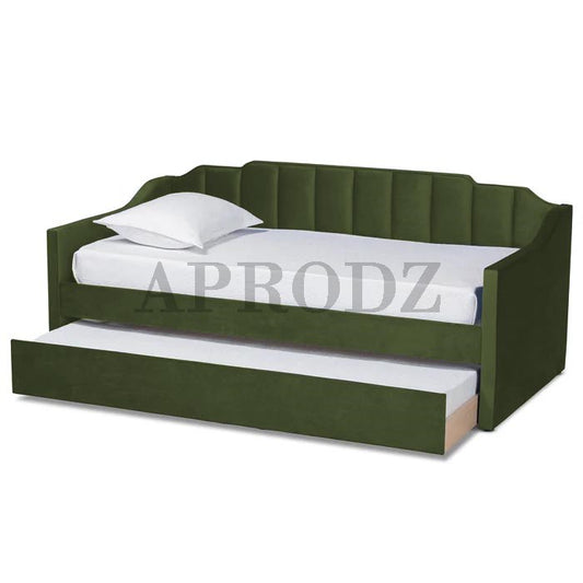Green Krease Upholstered Daybed with pull-out trundle bed extended, showcasing dual sleeping space for compact living areas.