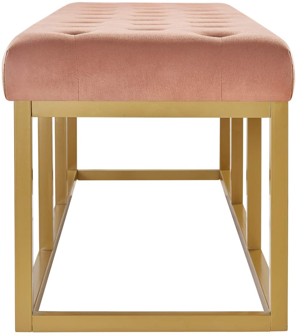 Tufted Long Upholstered Velvet and Metal Bench