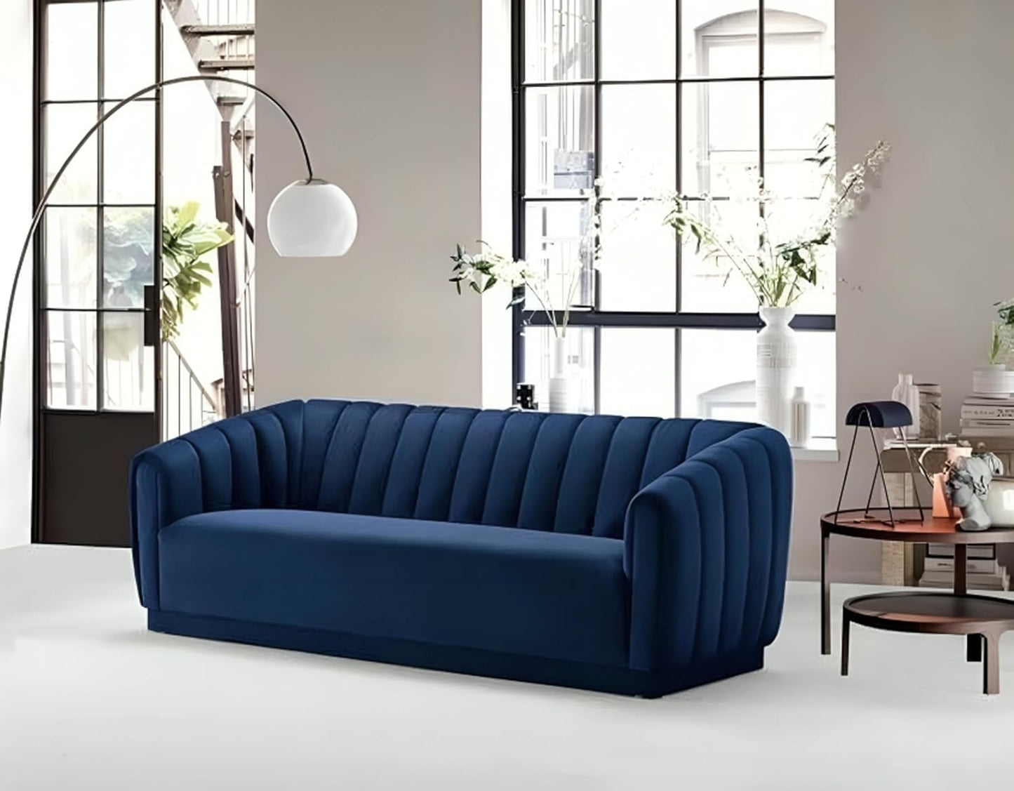 APRODZ Serene Velvet 3-Seater Sofa in Navy Blue – Channel Tufted Modern Couch with Plush Upholstery & Sturdy Frame – Elegant Living Room Furniture for Home, Office, or Lounge