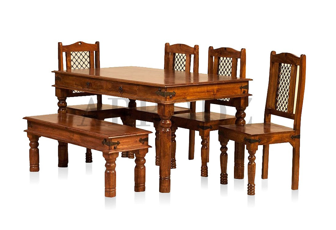 Sheesham Wood Reyk 6 Seater Dining Table Set with 1 Bench & 4 Chairs for Home Dining Room Furniture