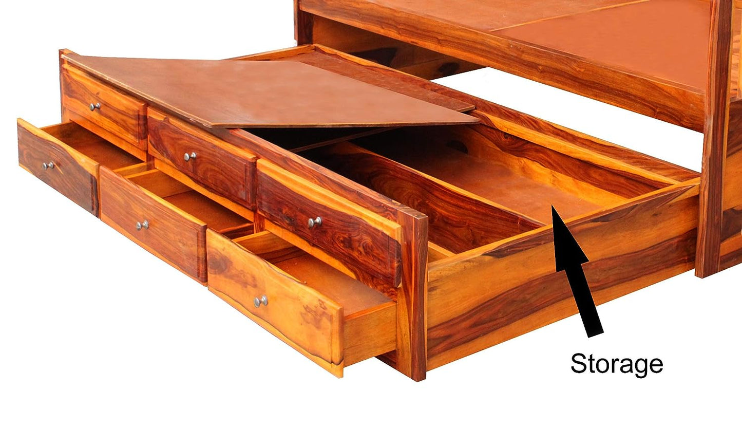 Sheesham Wood Oyster Daybed with Trundle Bed with Drawer Storage for Home | Bed for Bedroom
