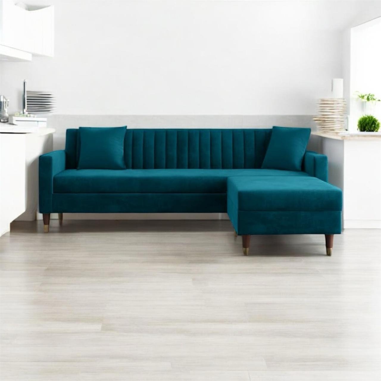 APRODZ Velora L-Shape Velvet Sectional Sofa in Teal – Right Hand Chaise, Tufted Back, Mid-Century Modern Design with Gold-Tipped Legs | Living Room Furniture