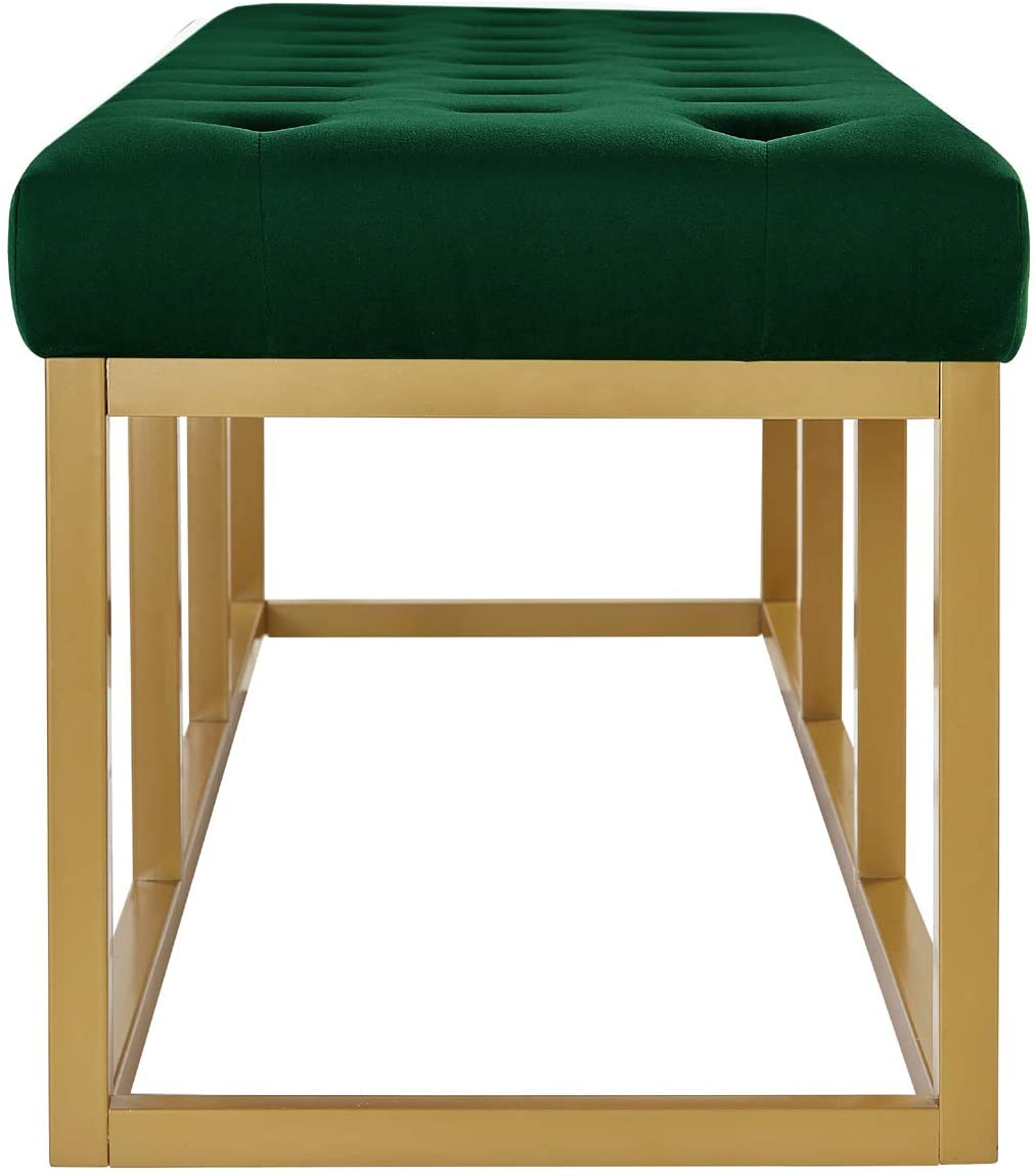 Tufted Long Upholstered Velvet and Metal Bench