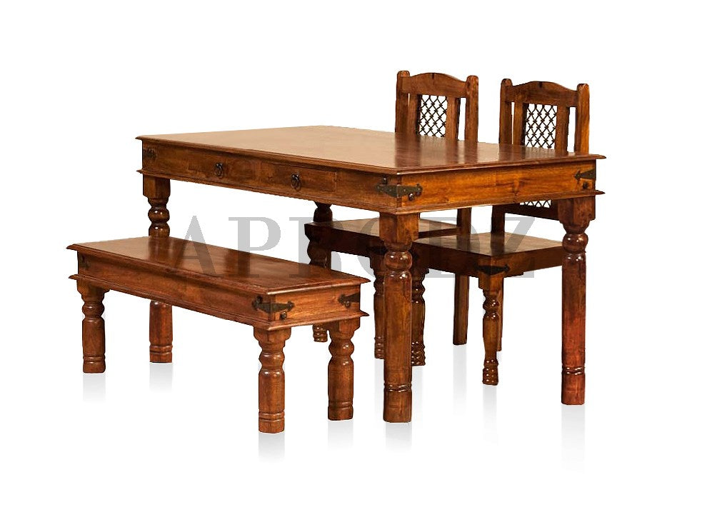 Sheesham Wood Reyk 4 Seater Dining Table Set with 1 Bench and 2 Chair for Home Dining Room Furniture
