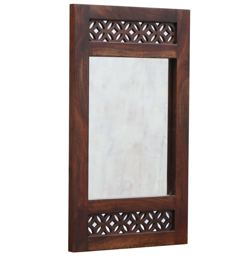 Durque Rectangular Wall Mirror with Carved Sheesham Wood Frame - Provincial Teak Finish