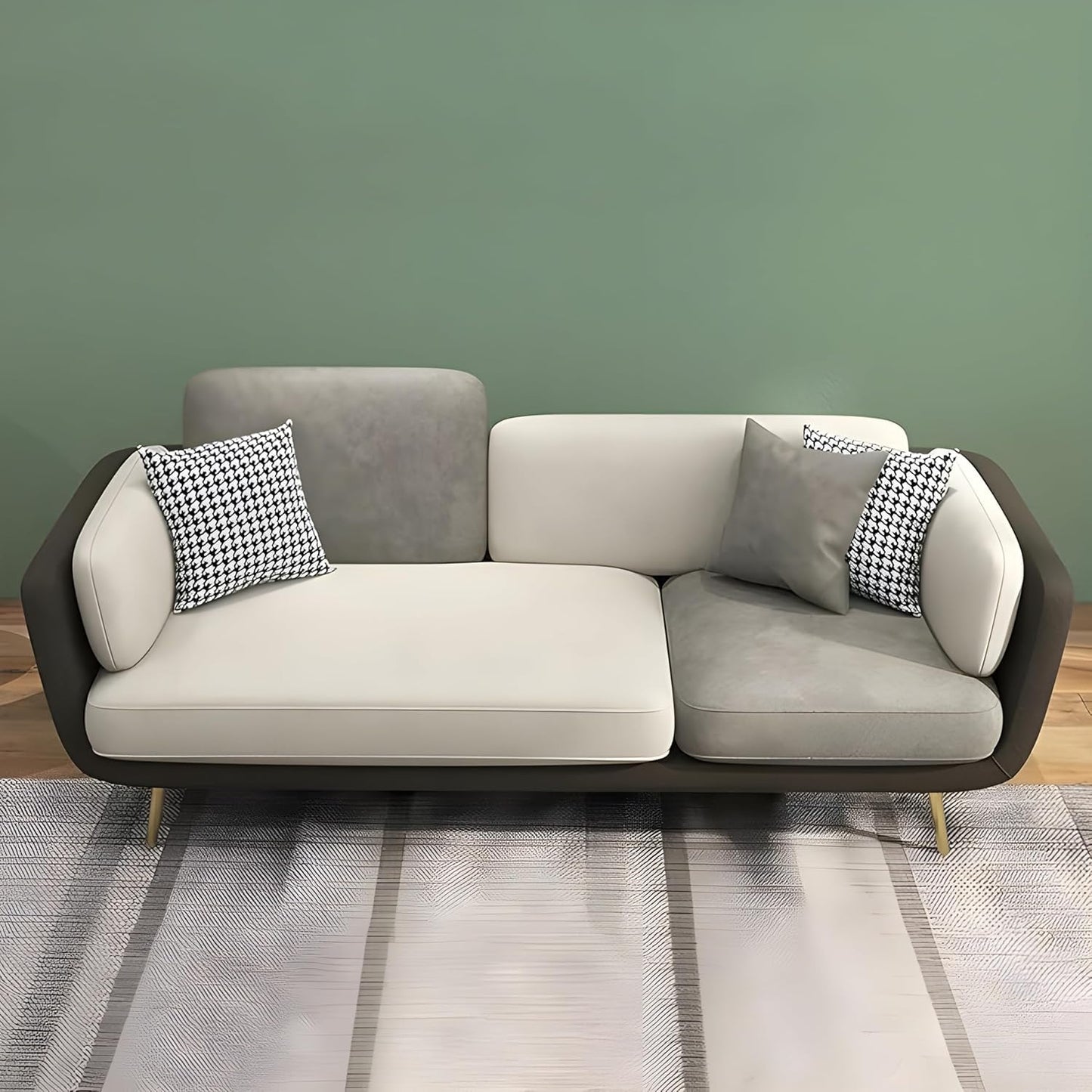 APRODZ Luxelle Modern 3-Seater Sofa in Green & Cream Fabric with Brown Base – Contemporary Living Room Couch with Cushions