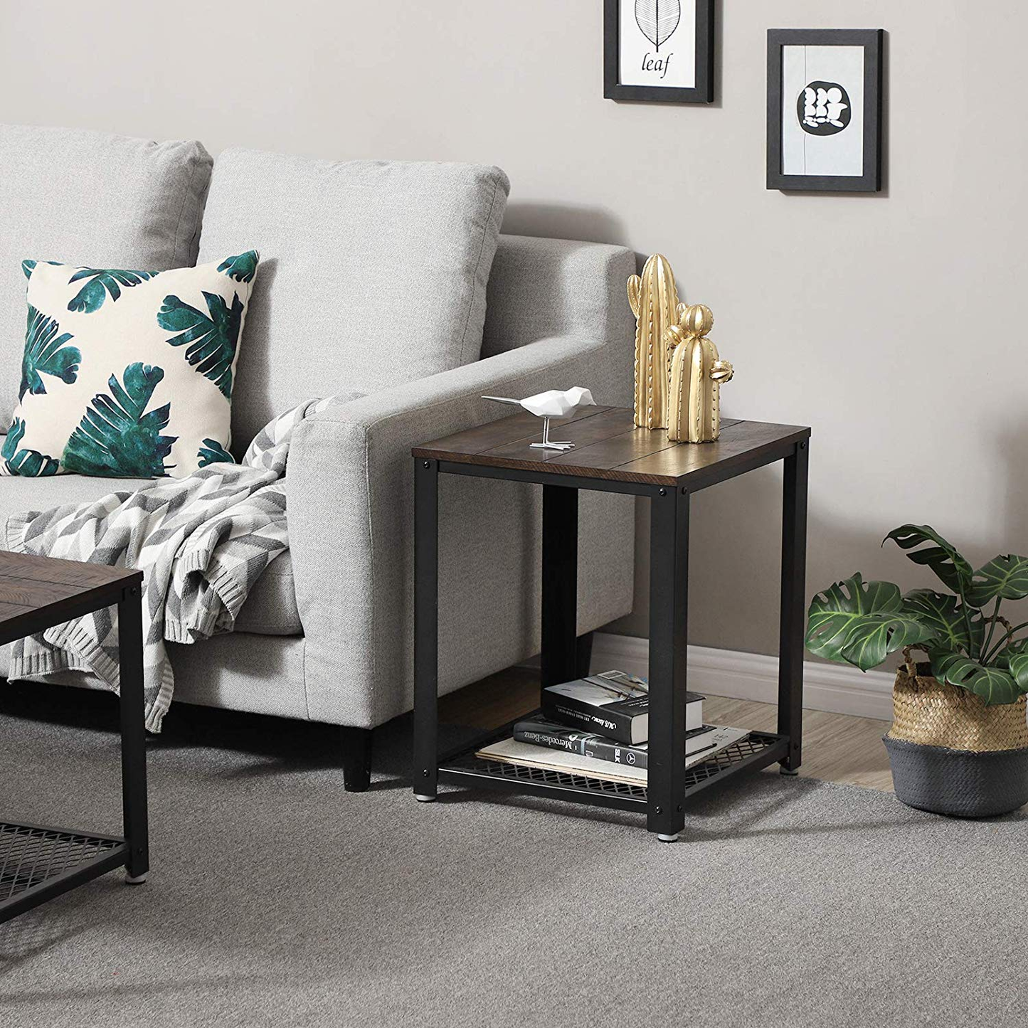Nightstand and End Table with Mesh Shelf, Sturdy Metal Frame | Industrial Side