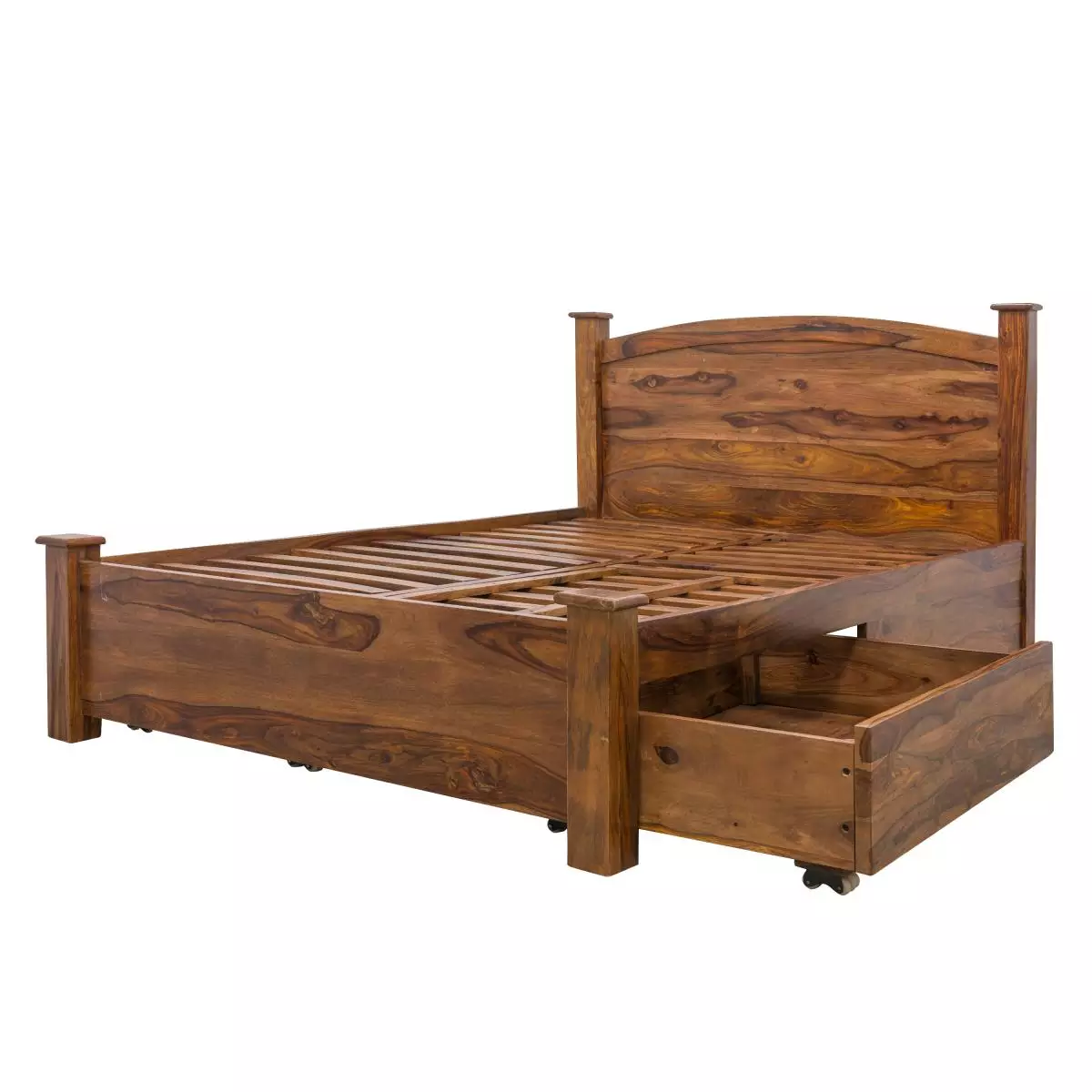 Sheesham Wood Kermit Bed with 2 Drawers for Bedroom | Brown Finish