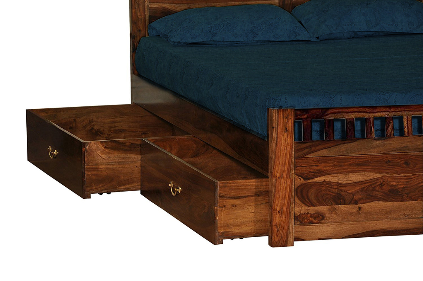 Sheesham Wood Darryl Bed with 4 Drawers for Bedroom | Brown Finish