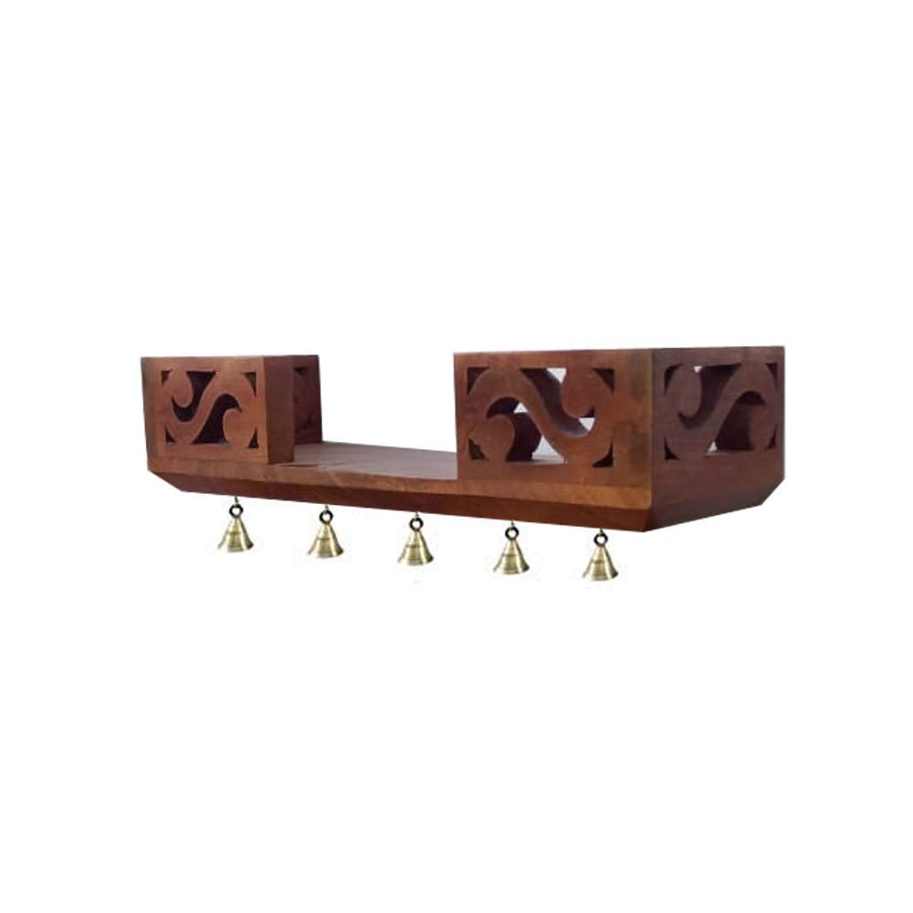 Aprodz Mango Wood Wall Mounted Temple with Bells | Honey Finish