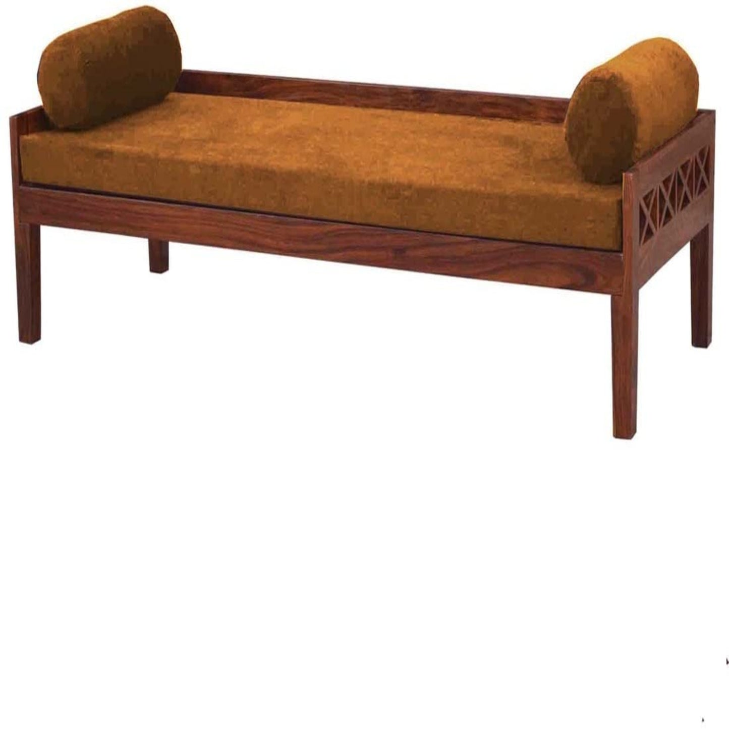 Solid Mango Wood Dewan Sofa Bed with Cushion for Living Room Hall (Solid Wood - Ochre Yellow Fabric + Teak)