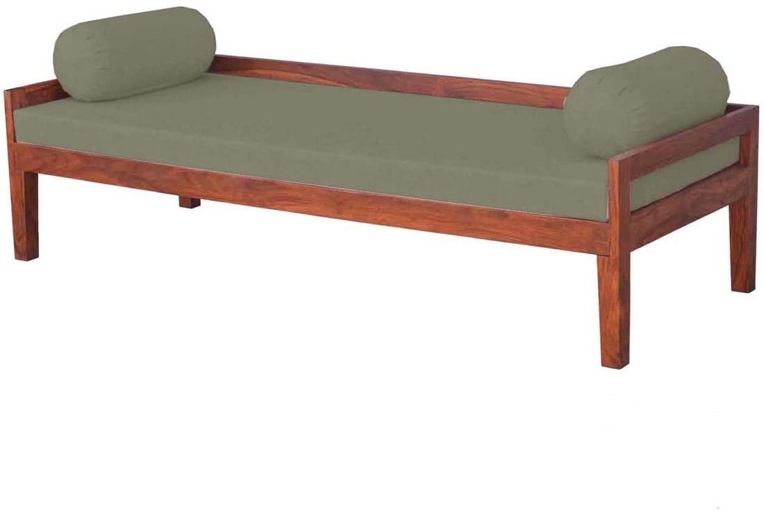 Solid Mango Wood Dewan Sofa Bed (Solid Wood - Light Grey Fabric + Brown)