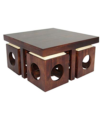 Sheesham Wood Square Coffee Table for Living Room | Center Table for Home | with 4 Stools | Dark Brown, White Cushion