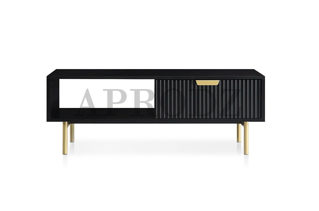 Wooden Center Table for Living Room | Rectangular Design with Shelf & Drawer | Solid Sheesham Wood & Iron Coffee Table (Black & Golden) | Sofa Teapoy Table