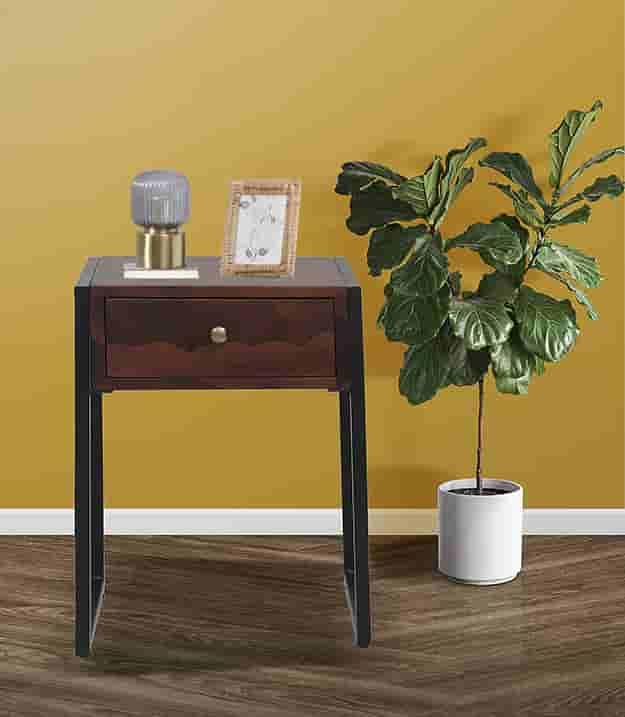 Solid Sheesham Wood and Metal 1 Drawer Bedside Table for Bedoom & Living Room Furniture (Rosewood Finish)