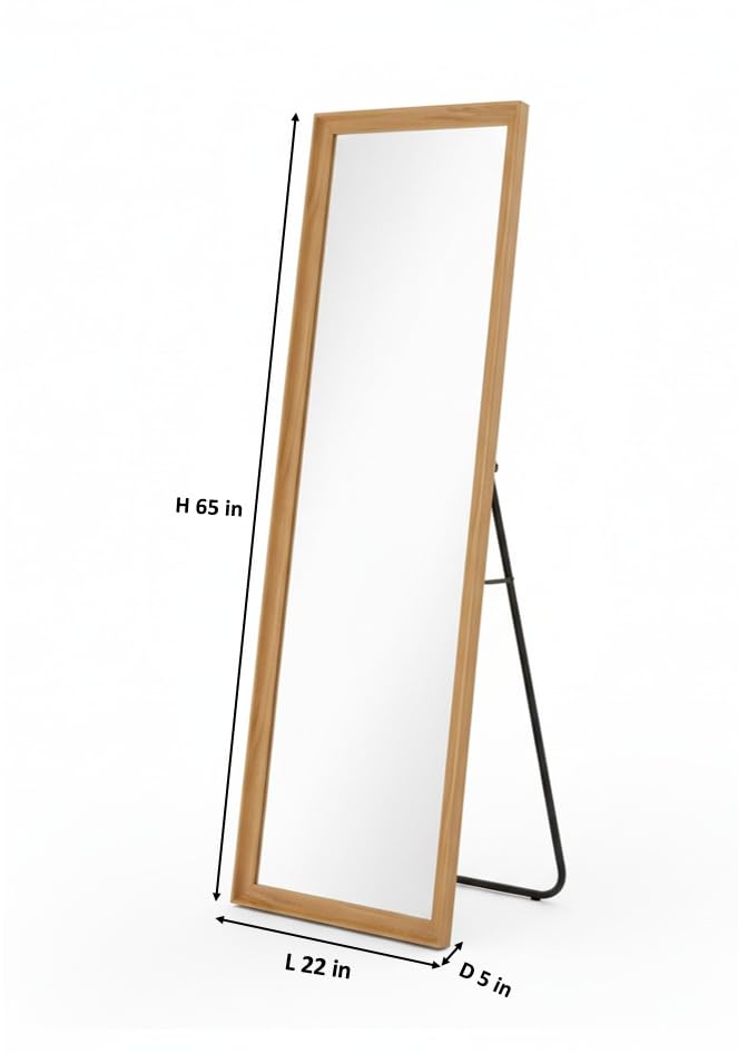 Full Length Mirror with Wooden Frame | 65×22 Inch Floor Standing Full Body Mirror | HD Large Dressing Mirror with Stand & Wall Hanging Option for Bedroom, Living Room & Studio
