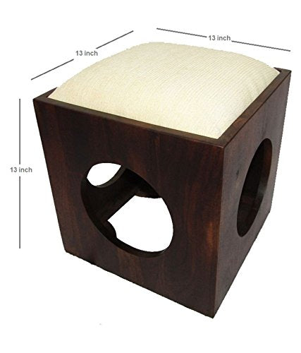 Sheesham Wood Square Coffee Table for Living Room | Center Table for Home | with 4 Stools | Dark Brown, White Cushion