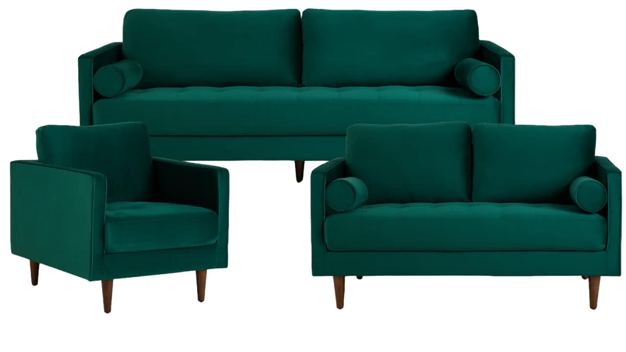 APRODZ MidCen Wooden 3 Seater Sofa Set with High-Density Comfortable Foam for Home & Living Room (Upholstered- Dark Green Velvet Fabric)