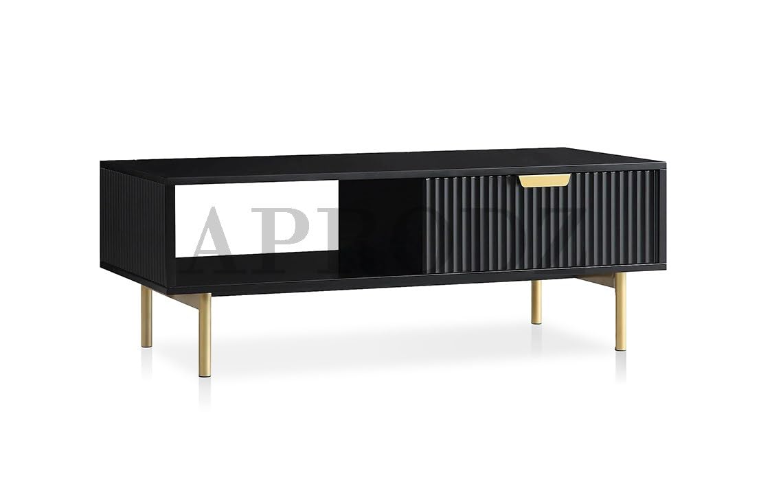 Wooden Center Table for Living Room | Rectangular Design with Shelf & Drawer | Solid Sheesham Wood & Iron Coffee Table (Black & Golden) | Sofa Teapoy Table