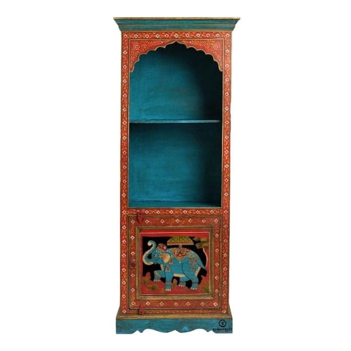 Wooden Elephant Flower Painted Bookshelf Corner Home Décor Bookcase Self Storage Stand Fine Work Painted Furniture (Multicolor)