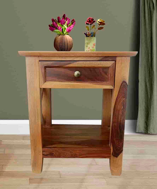 Solid Sheesham Wood Bedside Storage Table for Bedroom | Honey Finish