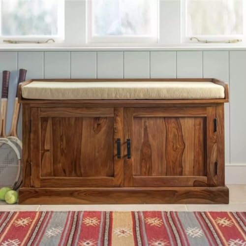 APRODZ Plata Small Shoe Rack Wooden Multipurpose Storage Cabinet with Seat (Teak Finish)